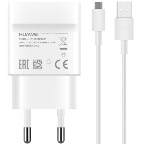 Tinklo įkroviklis 220V Huawei HW-050100E01 USB 5V 1A 5W greito krovimo (QC 3.0) + USB micro laidas 1m baltas (white) (O) 
